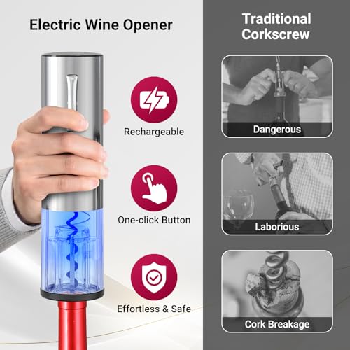 Todeco Electric Corkscrew 4-in-1 Gift Set with Rechargeable Bottle Opener, Automatic Wine Aerator, Foil Cutter, Vacuum Stopper, and USB Cable, for Christmas Gift Parties