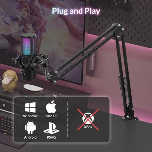 Todeco USB Gaming Microphone Kit, RGB Condenser Microphone with 11 Variable Lights, Microphone Arm, Microphone Stand, Mute Button, Noise Reduction, for Gaming, Streaming, Compatible with PC, Mac, PS4 & 5