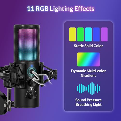 Todeco USB Gaming Microphone Kit, RGB Condenser Microphone with 11 Variable Lights, Microphone Arm, Microphone Stand, Mute Button, Noise Reduction, for Gaming, Streaming, Compatible with PC, Mac, PS4 & 5