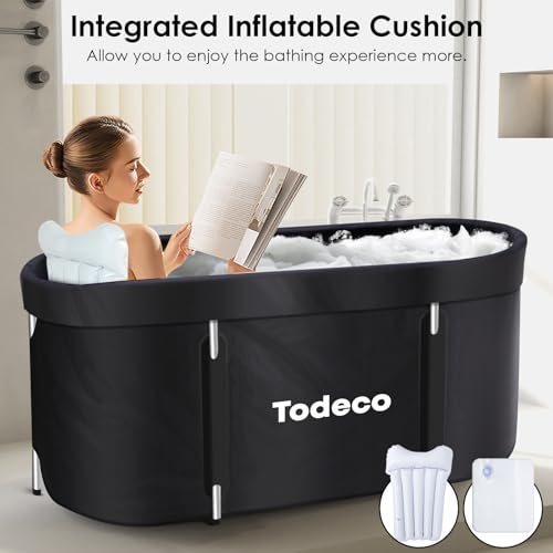 Todeco Foldable Bathtub for Adults, Large Portable SPA Bathtub for Shower, Foldable SPA Bathtub for Small Bathrooms, Freestanding Soaking Bathtub, 140x57x57cm (black)