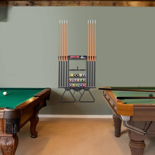 Leogreen Wall-Mounted Billiard Cue Rack for 8 Pool Cues, 18 Billiard Balls, 3 Ball Holders, Pine Wood Billiard Stand with Storage Rack for Clubs, Billiard Rooms, Bar