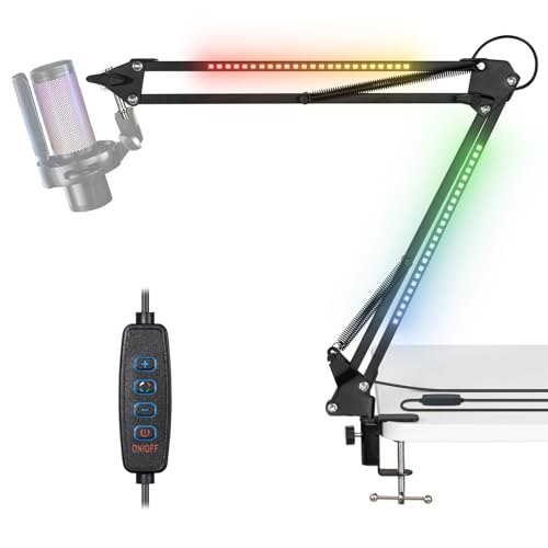 Todeco Microphone Arm with RGB Light, Adjustable Microphone Suspension Stand with Desk Mount, Remote Control, 3/8" Adapter, for Gaming/Studio/Youtuber/Podcasting