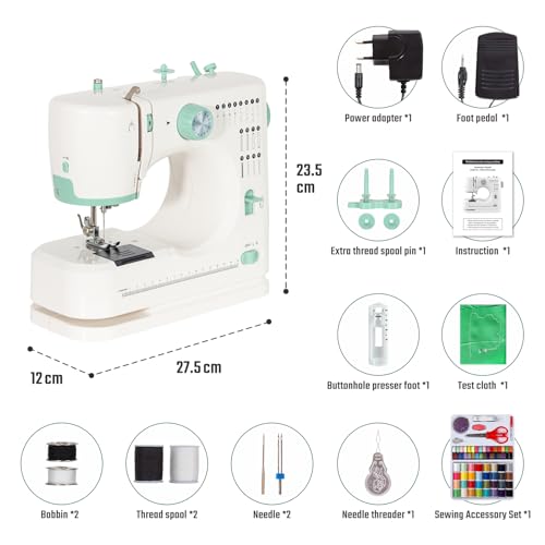 Todeco Electric Sewing Machine, Beginner Sewing Machine with 16 Sewing Programs, Double Needle and Double Thread, with Sewing Kit and Pedals, for Beginners Parents and Children (Green)