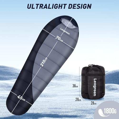 Leogreen-Sleeping-Bag-15-5-for-3-4-Seasons-300GSM-1800g-Ultralight-Mummy-Sleeping-Bag-for-Adults-for-Camping-Hiking-and-Mountaineering-210x80x35cm-Black