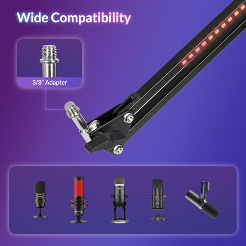 Todeco Microphone Arm with RGB Light, Adjustable Microphone Suspension Stand with Desk Mount, Remote Control, 3/8" Adapter, for Gaming/Studio/Youtuber/Podcasting