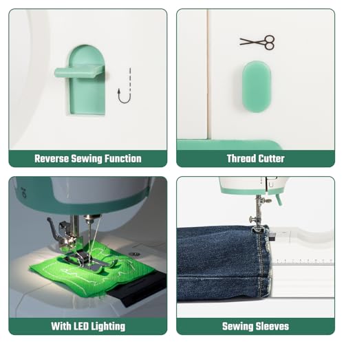 Todeco Electric Sewing Machine, Beginner Sewing Machine with 16 Sewing Programs, Double Needle and Double Thread, with Sewing Kit and Pedals, for Beginners Parents and Children (Green)