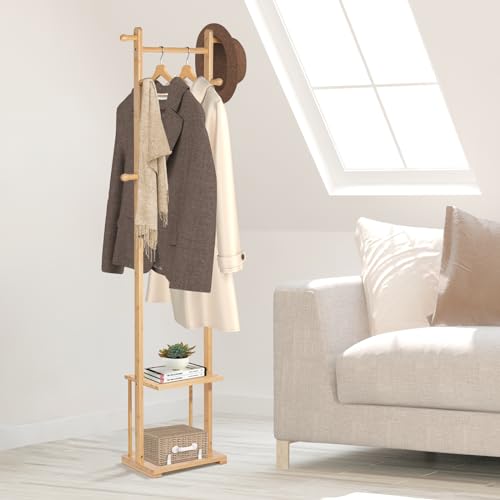 Todeco-Coat-Rack-on-Bamboo-Feet-with-2-Tier-Shelf-6-Hooks-and-Rods-Non-Slip-Mat-Coat-Racks-for-Entrance-Bathroom-House-Bedroom