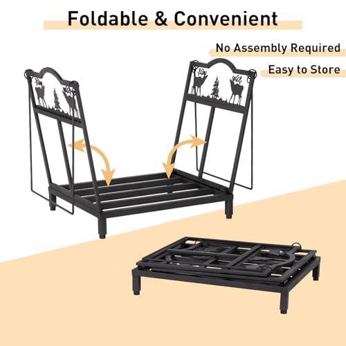 Todeco Folding Log Holder with Two Handles, Elk Pattern, Load 50 kg, 40x38x32 cm, Firewood Holder for Fireplace, Indoor and Outdoor