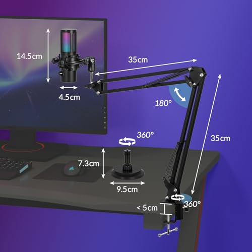 Todeco USB Gaming Microphone Kit, RGB Condenser Microphone with 11 Variable Lights, Microphone Arm, Microphone Stand, Mute Button, Noise Reduction, for Gaming, Streaming, Compatible with PC, Mac, PS4 & 5