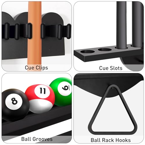 Leogreen Wall-Mounted Billiard Cue Rack for 8 Pool Cues, 18 Billiard Balls, 3 Ball Holders, Pine Wood Billiard Stand with Storage Rack for Clubs, Billiard Rooms, Bar