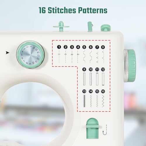Todeco Electric Sewing Machine, Beginner Sewing Machine with 16 Sewing Programs, Double Needle and Double Thread, with Sewing Kit and Pedals, for Beginners Parents and Children (Green)