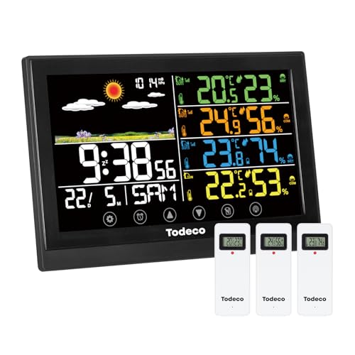 Todeco Wireless Weather Station with 3 Outdoor Sensors - LCD Digital Thermometer - RCC - Humidity Barometer Alarm Clock Weather Forecast and Snooze Display Time Date