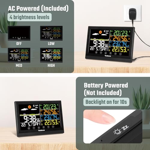 Todeco Wireless Weather Station with 3 Outdoor Sensors - LCD Digital Thermometer - RCC - Humidity Barometer Alarm Clock Weather Forecast and Snooze Display Time Date