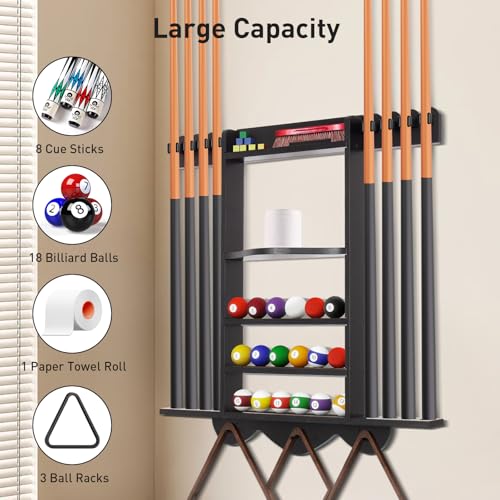Leogreen Wall-Mounted Billiard Cue Rack for 8 Pool Cues, 18 Billiard Balls, 3 Ball Holders, Pine Wood Billiard Stand with Storage Rack for Clubs, Billiard Rooms, Bar