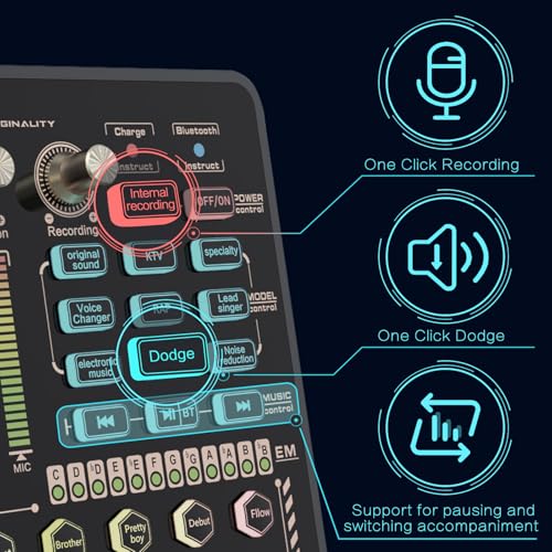 Todeco DJ Mixer with Sound Card, Todeco Podcast Production Studio Portable Bluetooth Audio Mixer Controller with Mixing Effects and Voice Changer for Live Streaming/PC/Recording