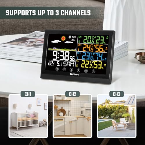 Todeco Wireless Weather Station with 3 Outdoor Sensors - LCD Digital Thermometer - RCC - Humidity Barometer Alarm Clock Weather Forecast and Snooze Display Time Date