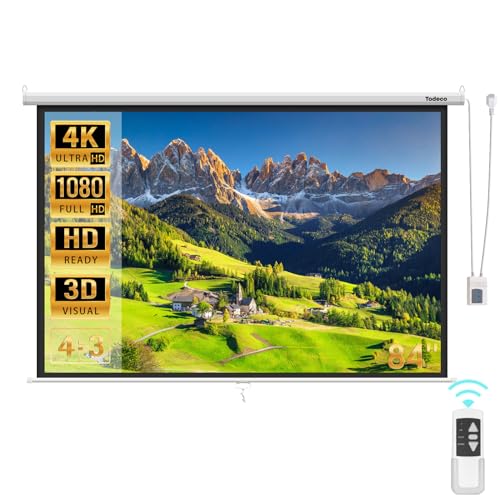 Todeco Écran de Projection Moteur 84 Pouces, Écran de Moteur avec télécommande, Fixation Mur ou Plafond, pour Home Cinéma et Entreprise, 128 x 170 cm, Formats 4:3, HD 4K 3D