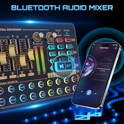Todeco DJ Mixer with Sound Card, Todeco Podcast Production Studio Portable Bluetooth Audio Mixer Controller with Mixing Effects and Voice Changer for Live Streaming/PC/Recording