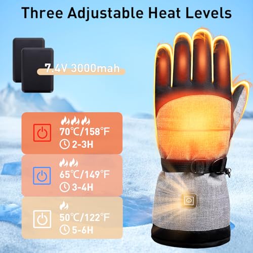 Todeco Heated Gloves for Men and Women, with Rechargeable 7.4V 3000mAh Battery, 3 Heating Levels Waterproof Winter Gloves Touchscreen, for Skiing, Motorcycling, Hiking