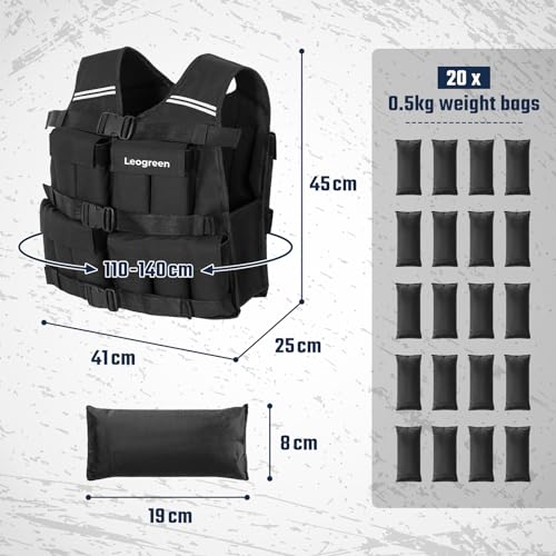 Leogreen-Weighted-Vest-10kg-Adjustable-Weighted-Vest-with-20-Removable-Weight-Packs-Reflective-Strip-for-Men-Women-Running-Strength-and-Endurance-Training