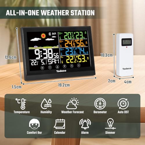Todeco Wireless Weather Station with 3 Outdoor Sensors - LCD Digital Thermometer - RCC - Humidity Barometer Alarm Clock Weather Forecast and Snooze Display Time Date