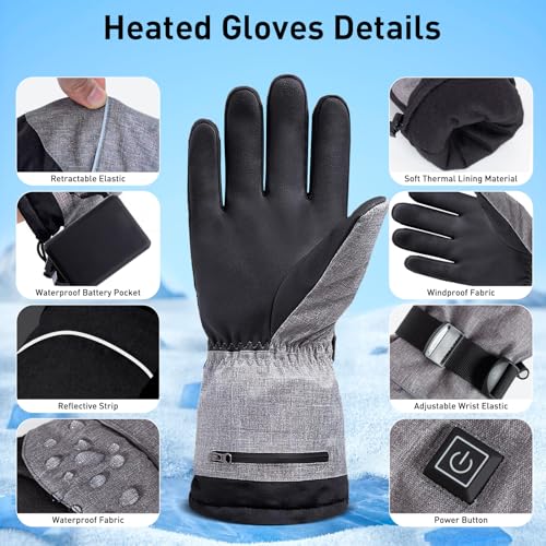 Todeco Heated Gloves for Men and Women, with Rechargeable 7.4V 3000mAh Battery, 3 Heating Levels Waterproof Winter Gloves Touchscreen, for Skiing, Motorcycling, Hiking