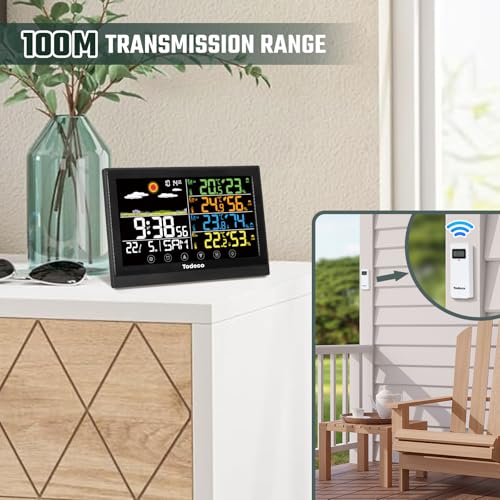 Todeco Wireless Weather Station with 3 Outdoor Sensors - LCD Digital Thermometer - RCC - Humidity Barometer Alarm Clock Weather Forecast and Snooze Display Time Date
