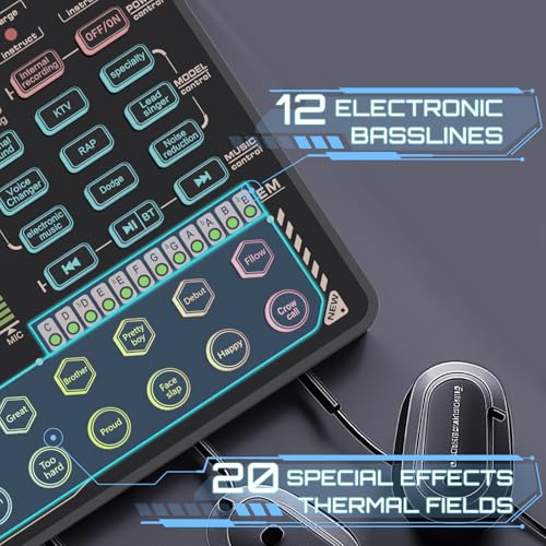 Todeco DJ Mixer with Sound Card, Todeco Podcast Production Studio Portable Bluetooth Audio Mixer Controller with Mixing Effects and Voice Changer for Live Streaming/PC/Recording