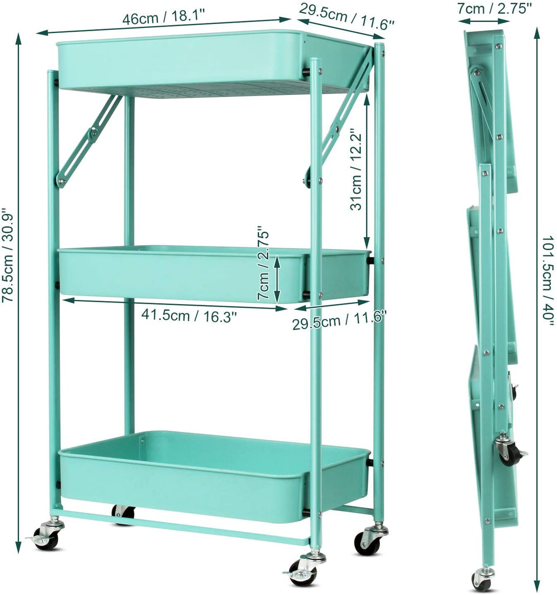 Todeco-3-Tier-Cart-Storage-Rack-Rolling-Storage-Cart-Organizer-for-Kitchen-Bathroom-Mobile-Storage-Organizer-with-Wheels-Green
