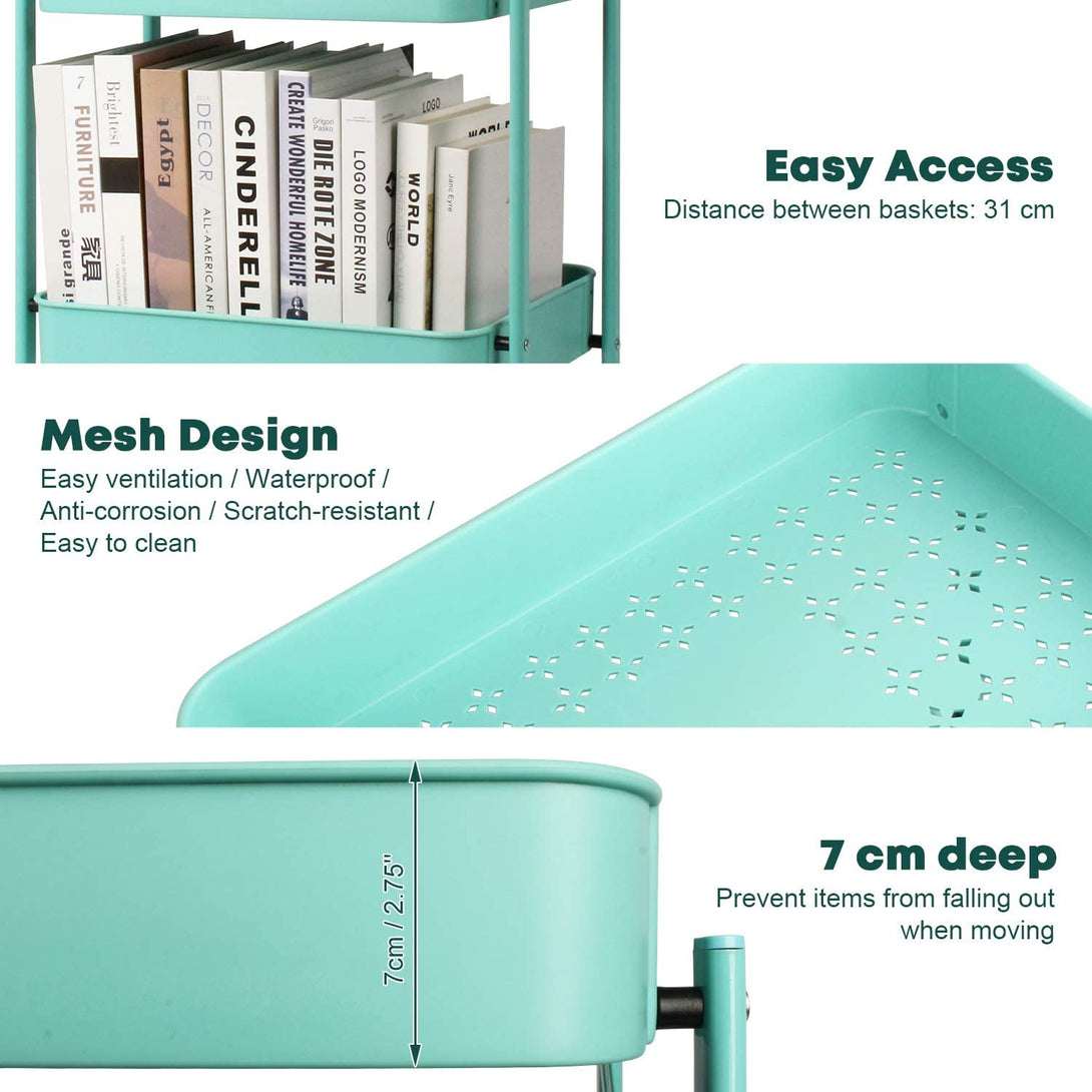 Todeco-3-Tier-Cart-Storage-Rack-Rolling-Storage-Cart-Organizer-for-Kitchen-Bathroom-Mobile-Storage-Organizer-with-Wheels-Green