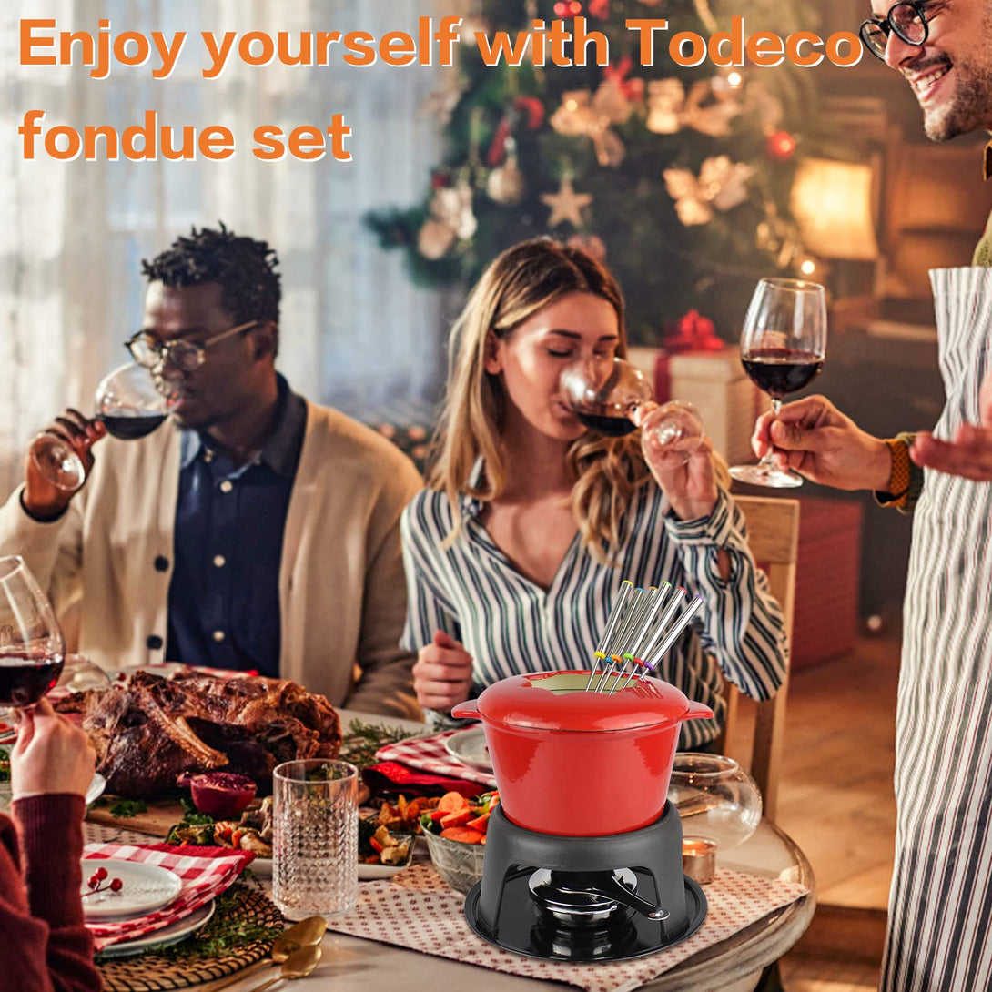 Todeco-Chocolate-Fondue-Set-with-6-Forks-Set-Burgundian-Fondue-for-Cheese-Chocolate-Meat-Fruit-27-5-x-21-x-21-cm-Red-Fondue-Set