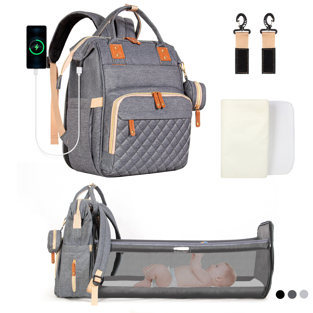 Diaper-Backpack-with-Foldable-Baby-Bed-Large-Capacity-Waterproof-Portable-Multifunction-Diaper-Bag-with-Mat-Pacifier-Holder-and-USB-Port-Dark-Grey-Diaper-Backpack-with-Foldable-Baby-Bed-Dark-Gray