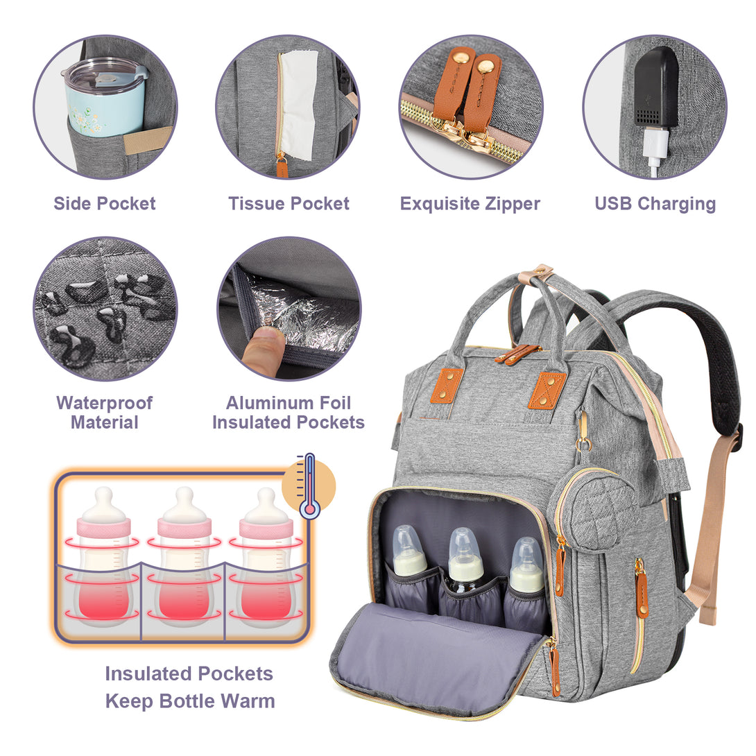 Diaper-Backpack-with-Foldable-Baby-Bed-Large-Capacity-Waterproof-Portable-Multifunction-Diaper-Bag-with-Mat-Pacifier-Holder-and-USB-Port-Light-Grey-Diaper-Backpack-with-Foldable-Baby-Bed-Light-Gray