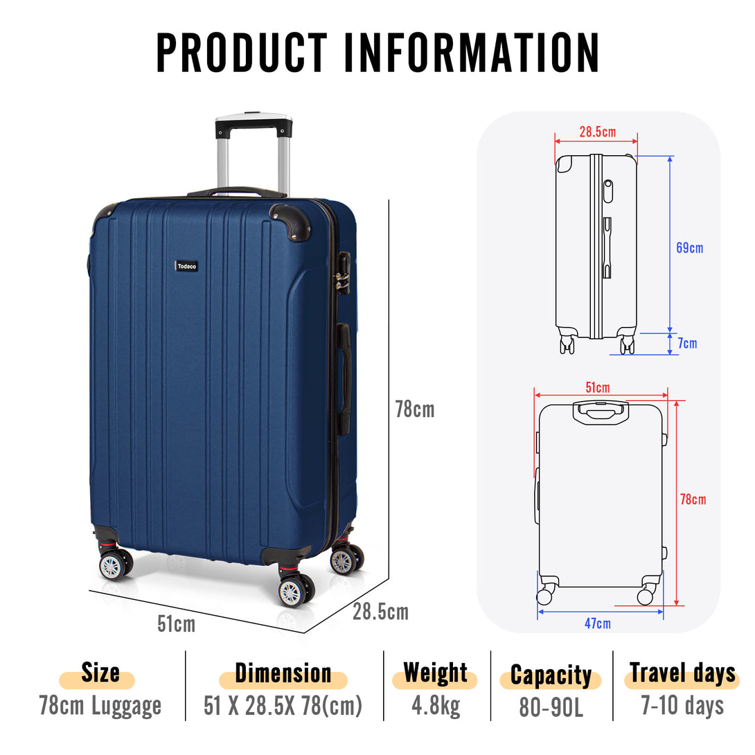 Todeco-Large-Size-Suitcase-78cm-Travel-Suitcase-Rigid-and-Lightweight-ABS-Travel-Suitcase-with-Wheels-Suitcases-4-Double-Wheels-78x51x28cm-Dark-Blue-Large-Size-Suitcase-78cm-Dark-Blue