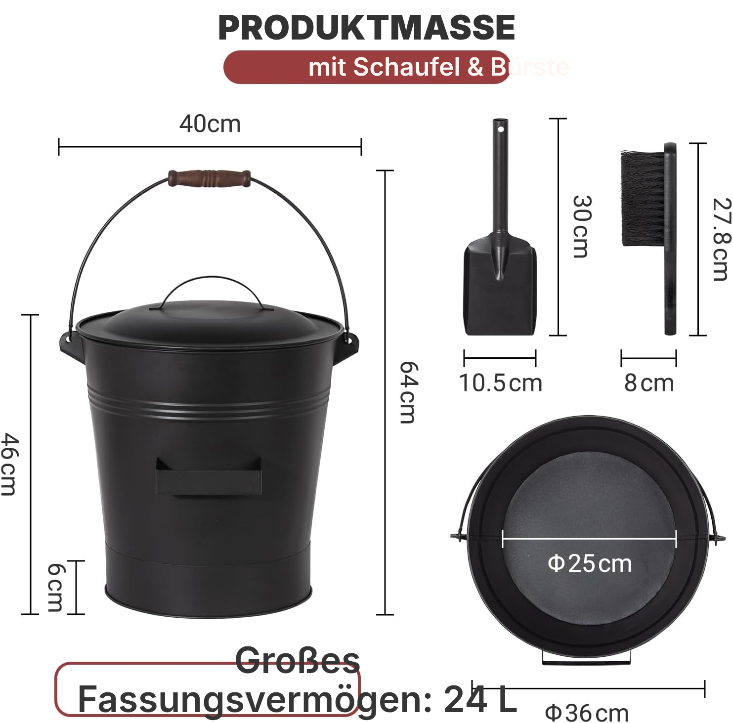 Ascheeimer mit deckel 24 L — inkl. Schaufel & Bürste — 2
