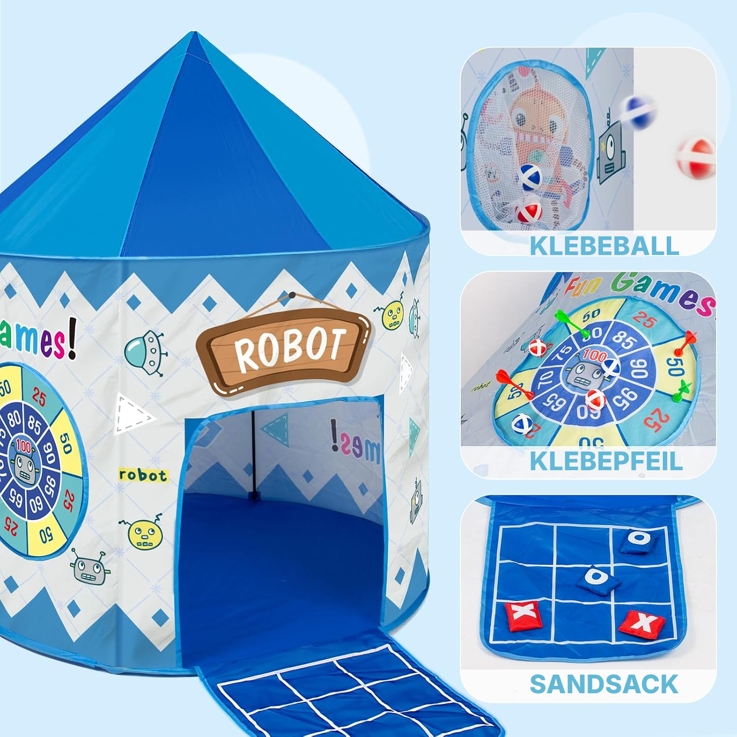 Blaues Kinderzelt – 4 Spiele integriert — 2