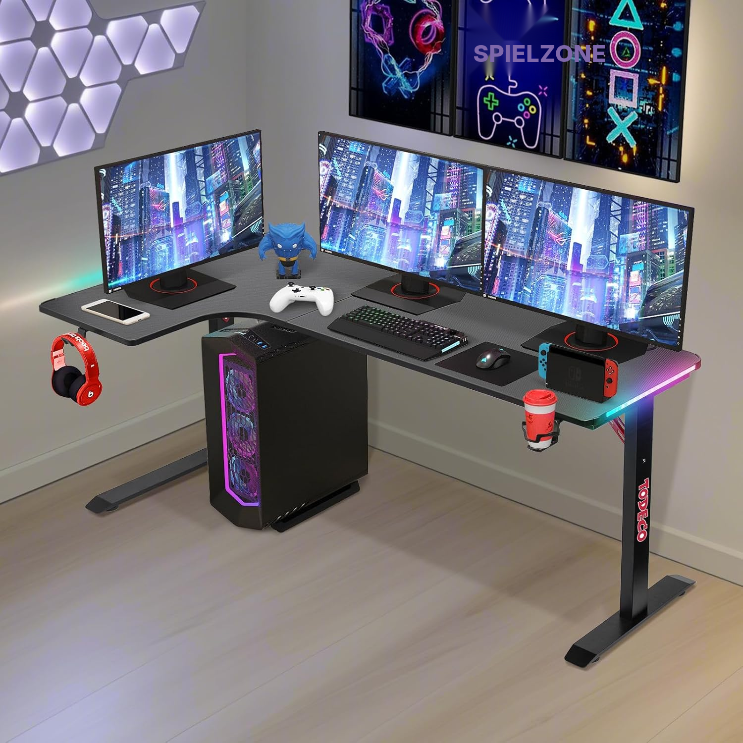 Gaming Schreibtisch in L-Form 160 cm mit RGB-LED — 6