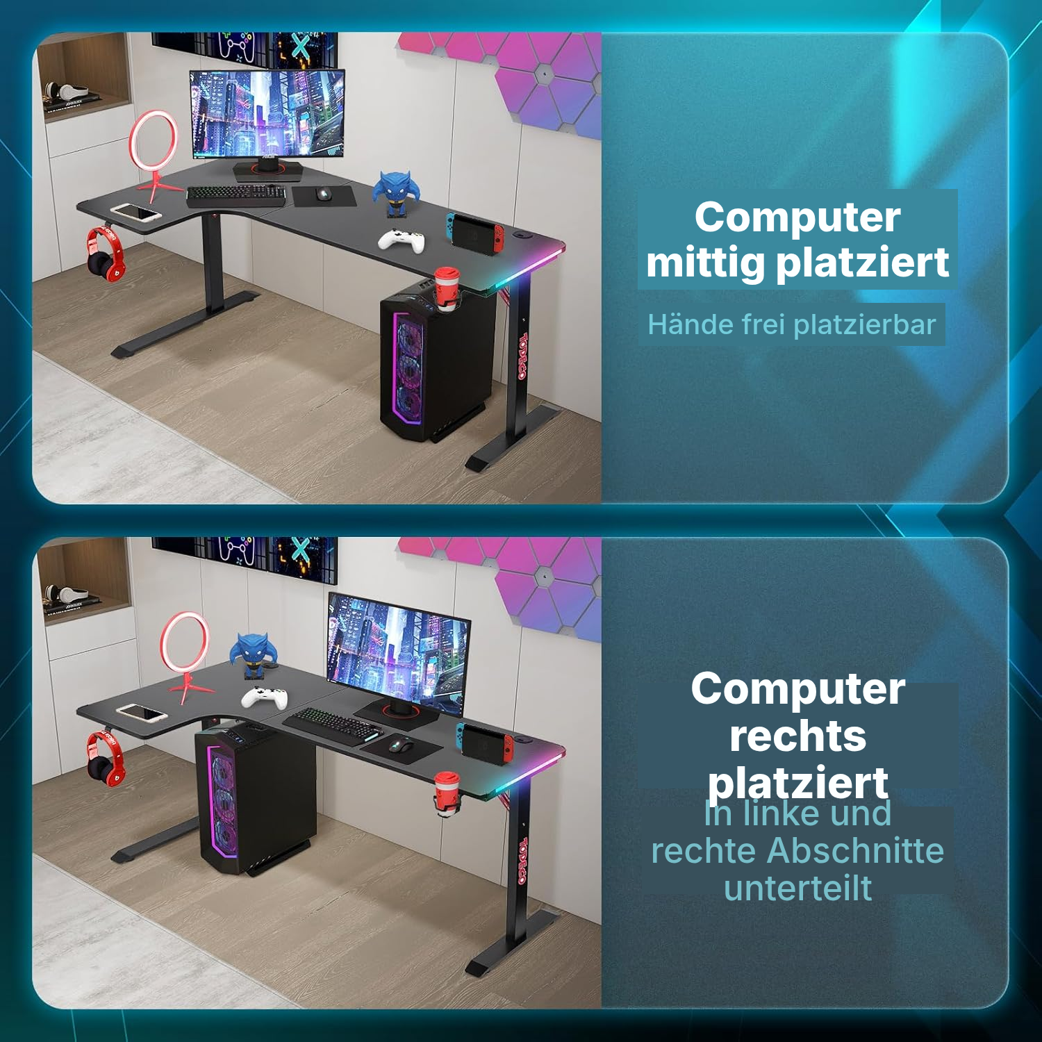 Gaming Schreibtisch in L-Form 160 cm mit RGB-LED — 2