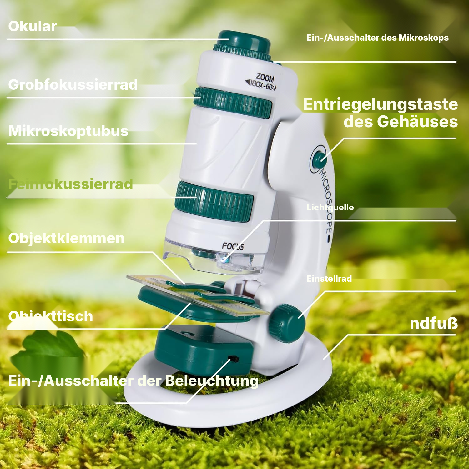 Schülermikroskop 60–180x mit LED — 2