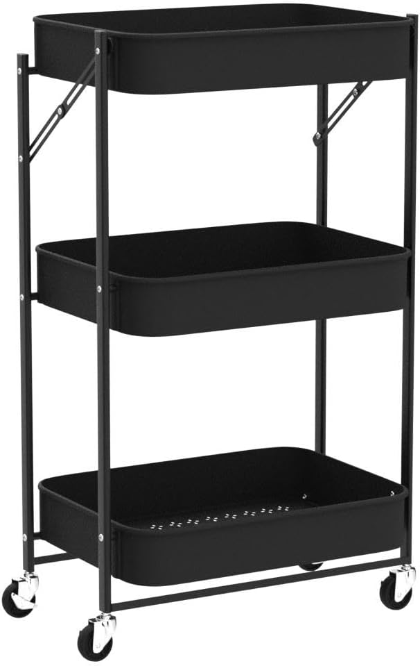 Schwarzer Rollwagen, faltbar – 3 Ebenen — 6