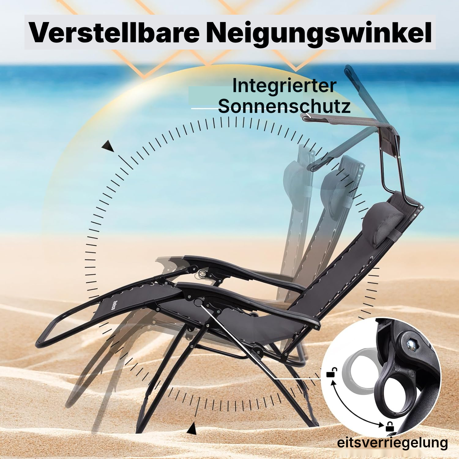 Klappbare Gartenliege grau 165 cm mit Sonnendach — 3
