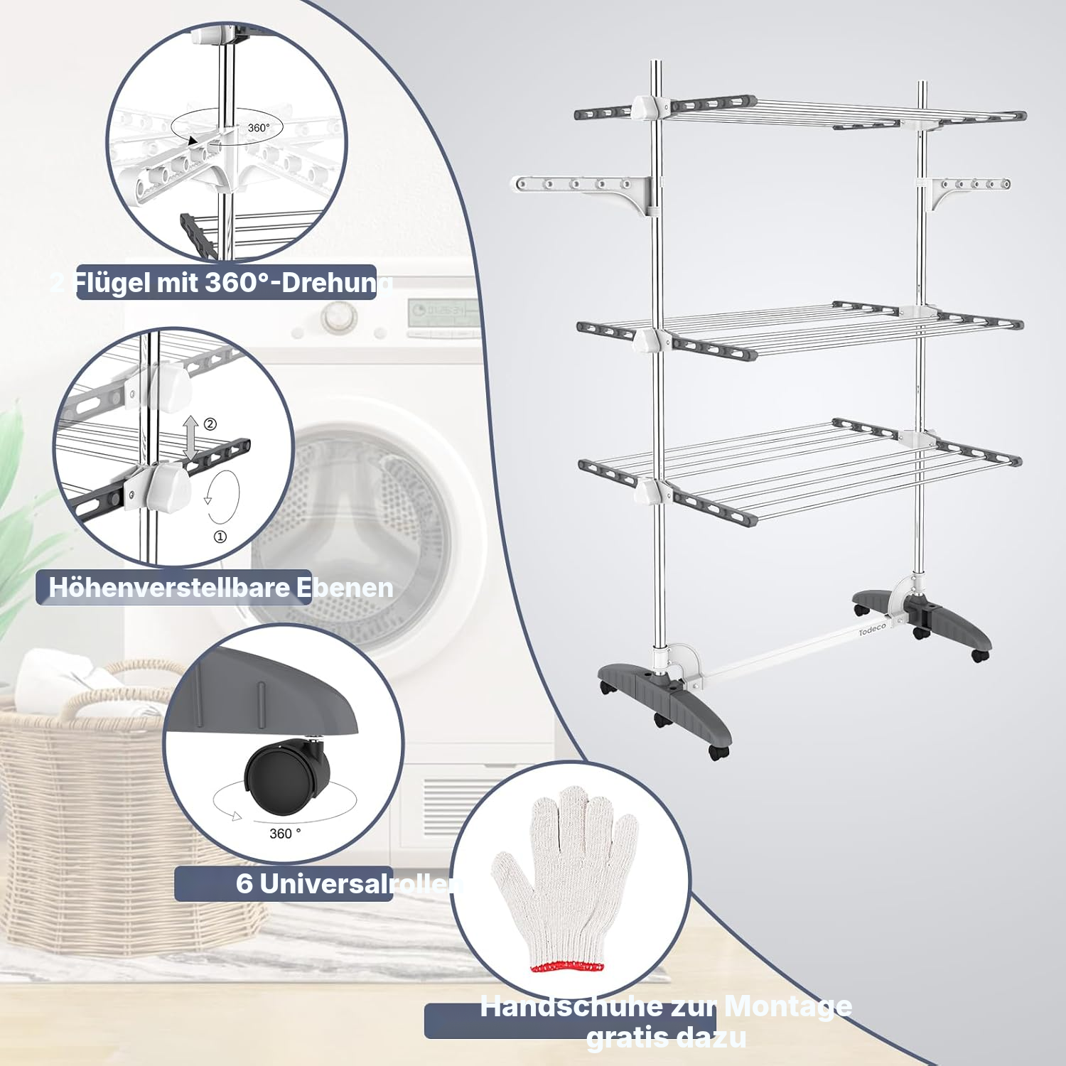 Wäscheständer ausziehbar, 3 Ebenen – Grau/Weiß — 2