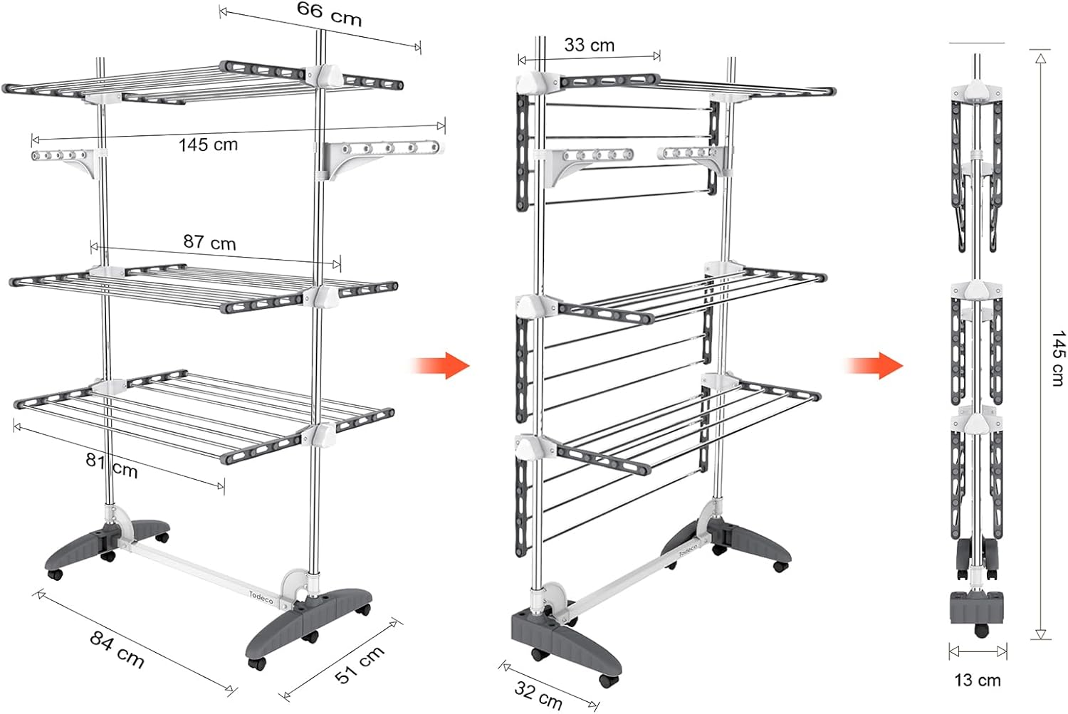 Wäscheständer ausziehbar, 3 Ebenen – Grau/Weiß — 7