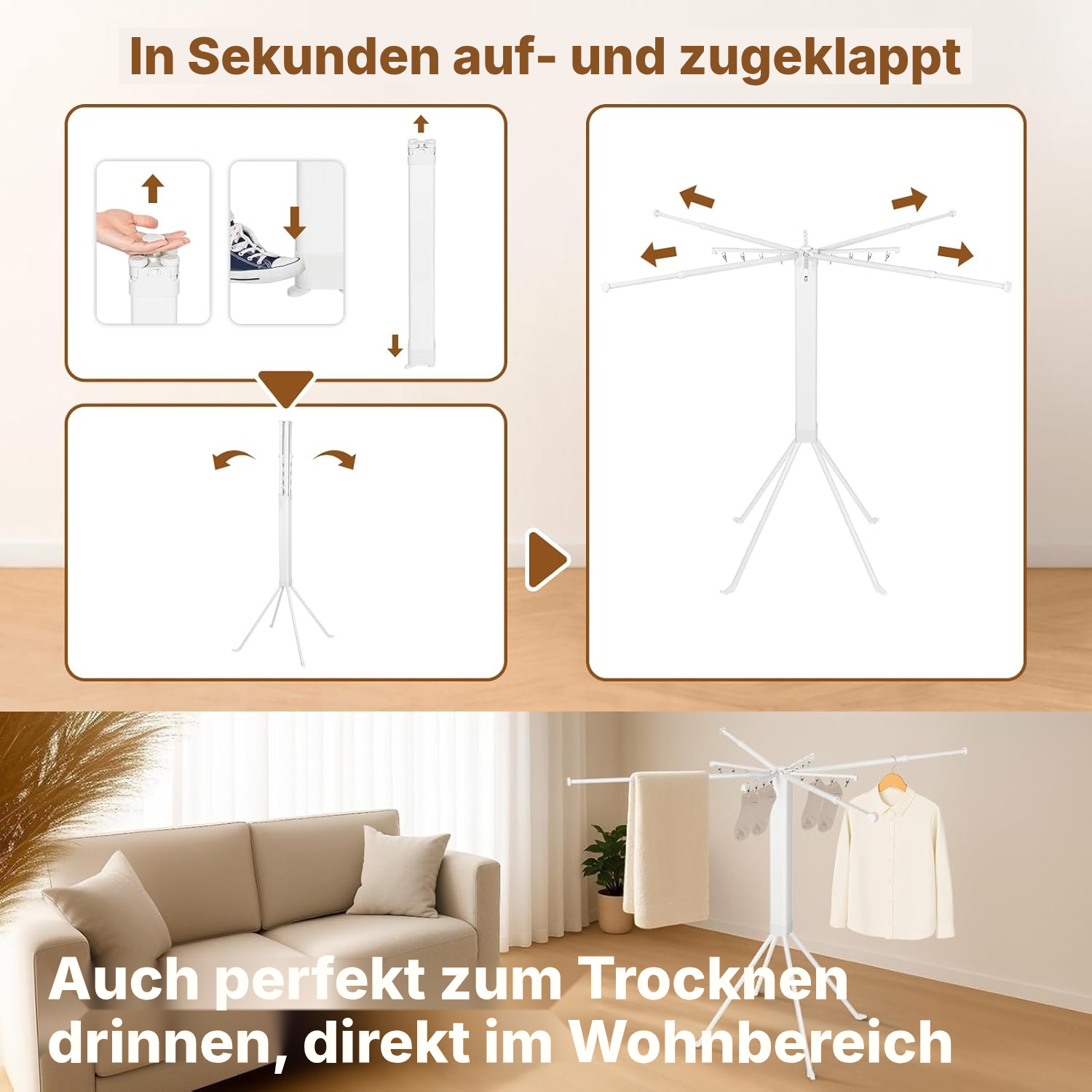 Ausziehbarer Wäscheständer 127 cm, Stahl, 16 Klammern — 4