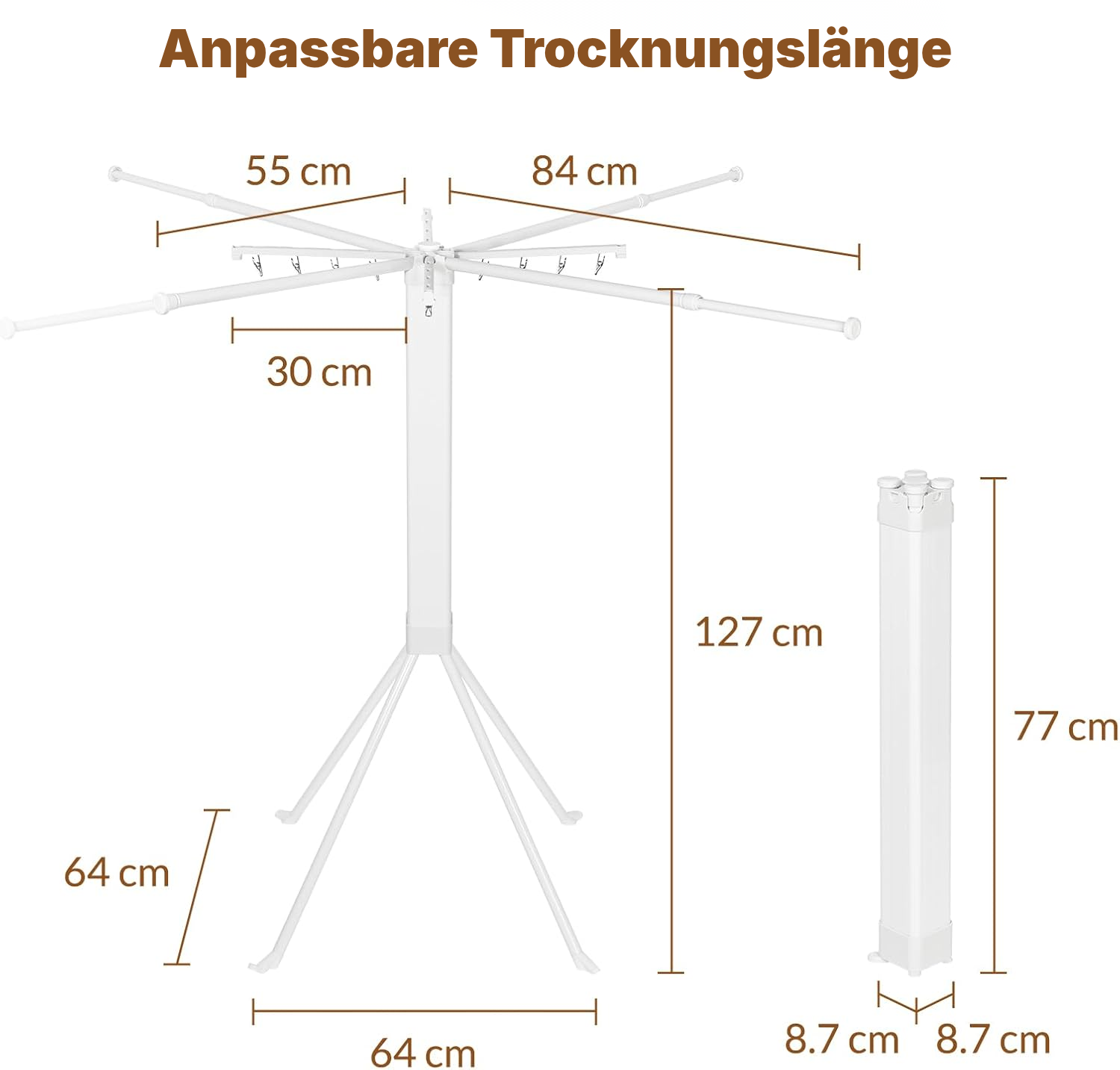 Ausziehbarer Wäscheständer 127 cm, Stahl, 16 Klammern — 5