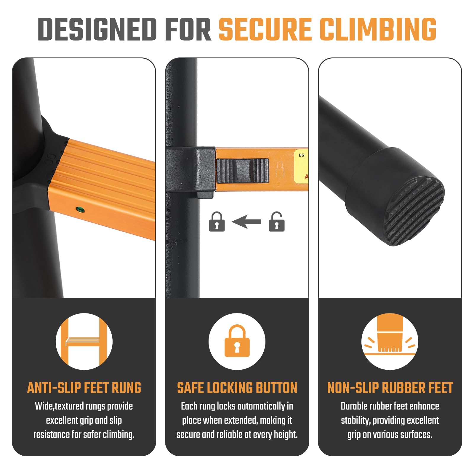 Details of slip-resistant rungs, locking buttons and rubber feet