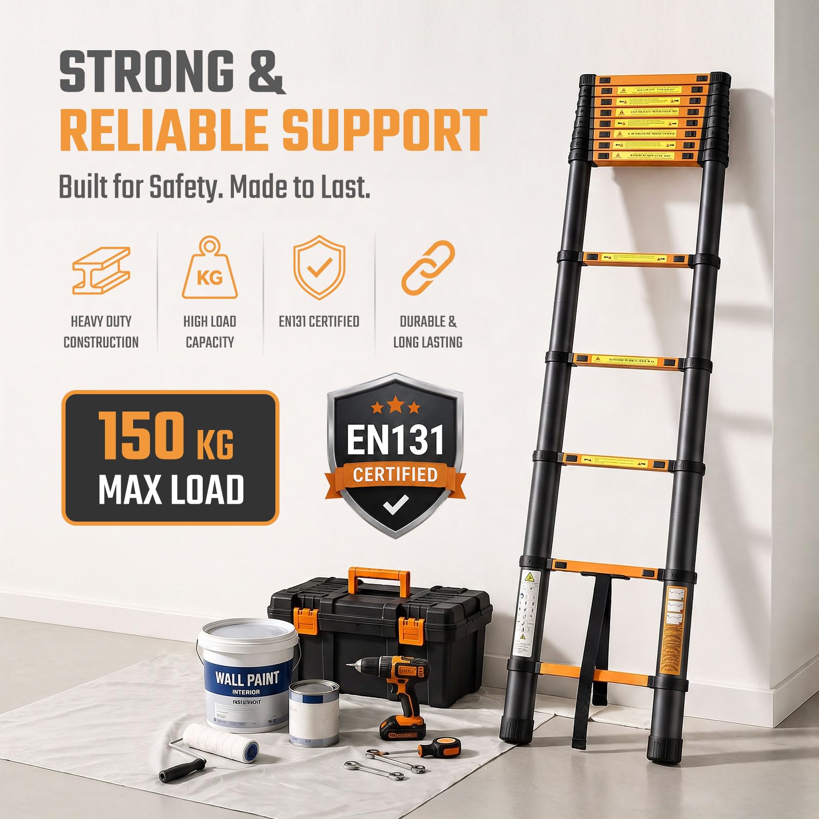 Extended ladder highlighting the 150 kg maximum load and EN131 certification