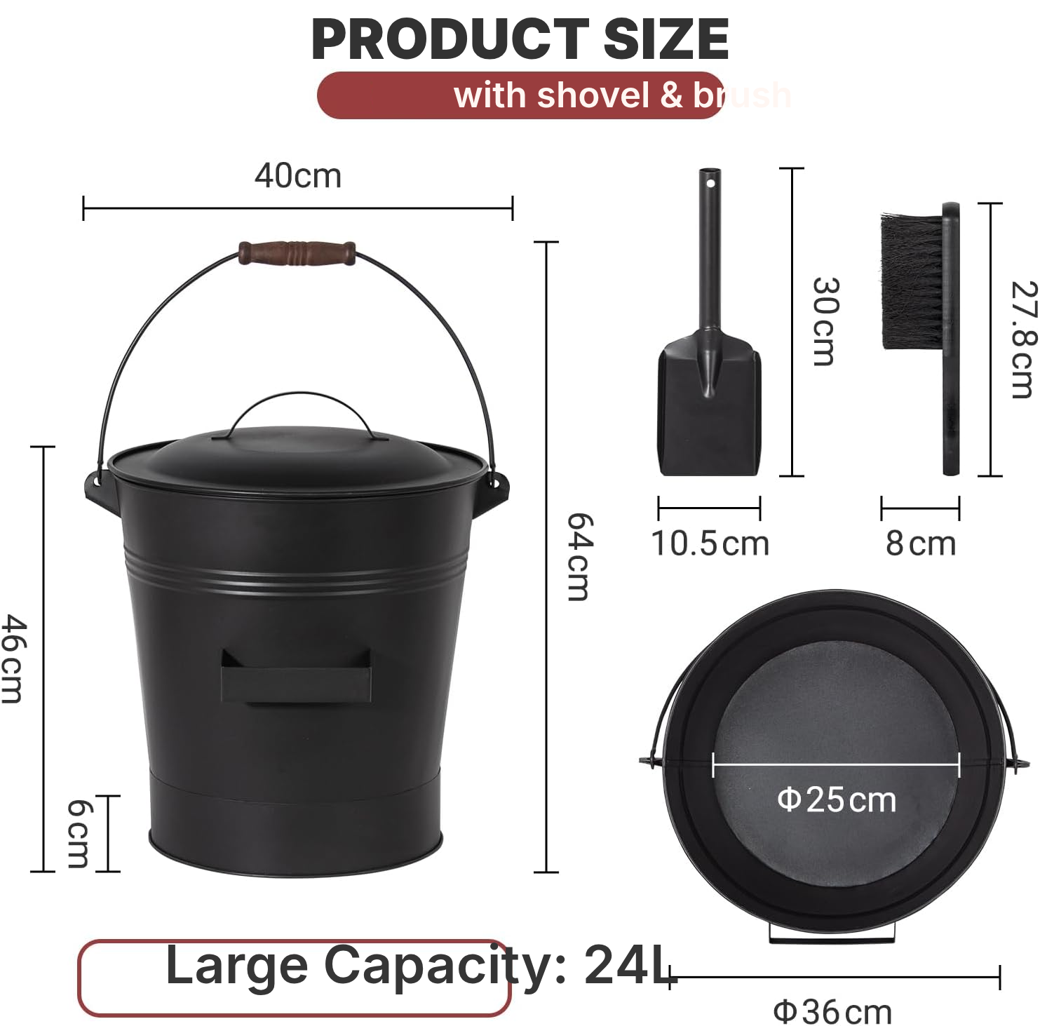 24L Ash Bucket with Lid, Shovel & Brush — 2