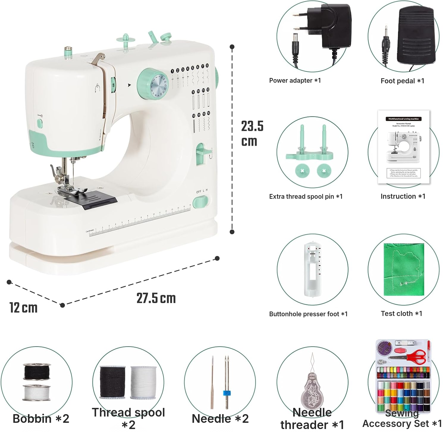 Compact Sewing Machine, 30 cm, 16 Stitches with Foot Pedal — 6