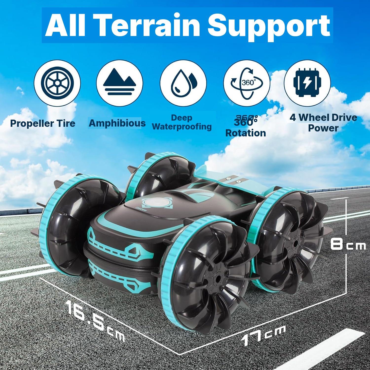 Blue Amphibious RC Stunt Car, 16 cm, Dual Control — 2